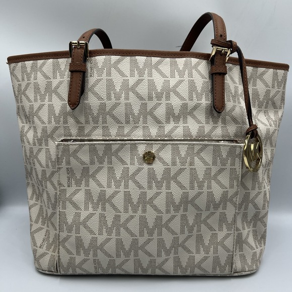 Michael Kors Signature Bag Jet Set Item Medium Top Zip Snap Pocket Tote Bag - Picture 1 of 16